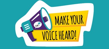 A graphic design with a megaphone and the text make your voice heard. Colours are teal, purple and yellow.