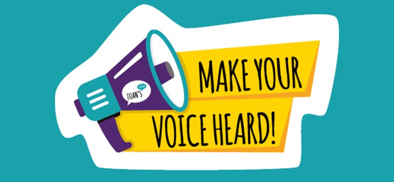 A graphic design with a megaphone and the text make your voice heard. Colours are teal, purple and yellow.