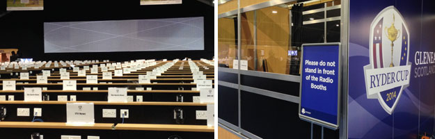 Ryder Cup Media Centre Interior showing desks, big screens and radio booths