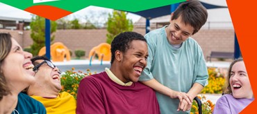 A graphic design using a green and orange backgroud just in sight, with the main part being a photograph of a group of people laughing together