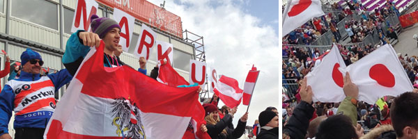 Photo of Austrian and Japanese supporters at the finish in Rosa Khutor