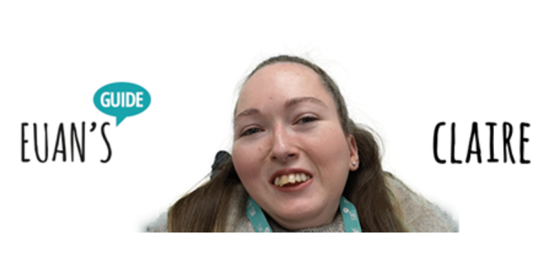 Image of Claire smiling to the camera against a white background. The Euan's Guide logo is on the left and her name is on the right.