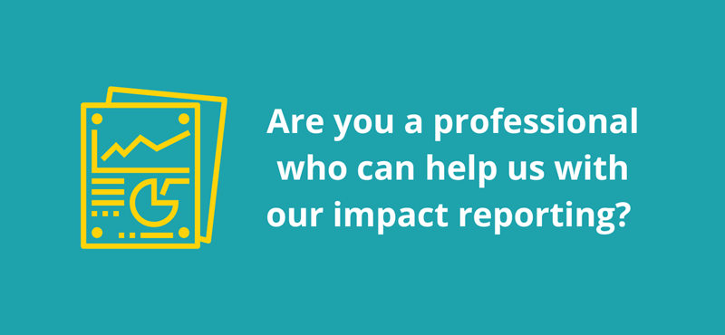 A teal background with a yellow report illustration and white text reading "Are you a professional who can help us with our impact reporting?"