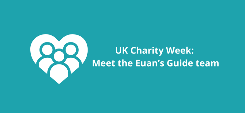 A teal background with an icon of three outlines of people inside a heart shape in white and white text reading UK Charity Week: Meet the Euan's Guide team