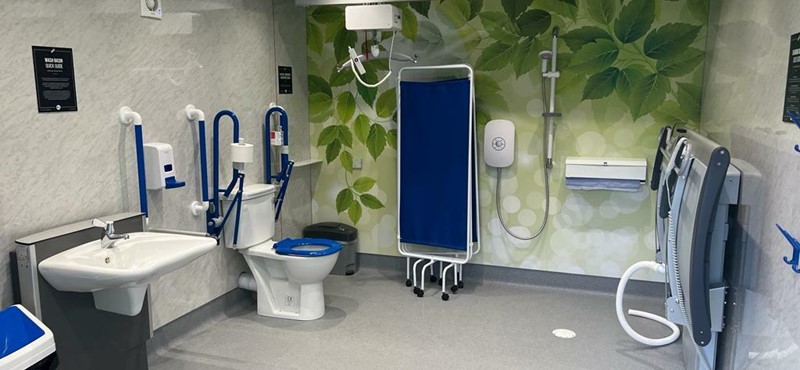 A photograph of the inside of a Changing Places toilet with leaf print wallpaper. 