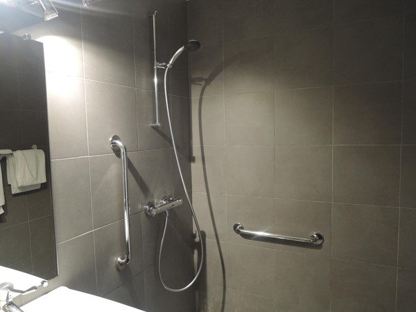 Shower with curtain pulled back so both grab rails can be seen