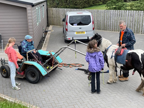 A person in a tramper and a horse