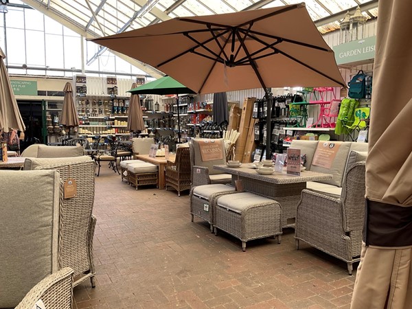 Image of a patio furniture and umbrella in a store