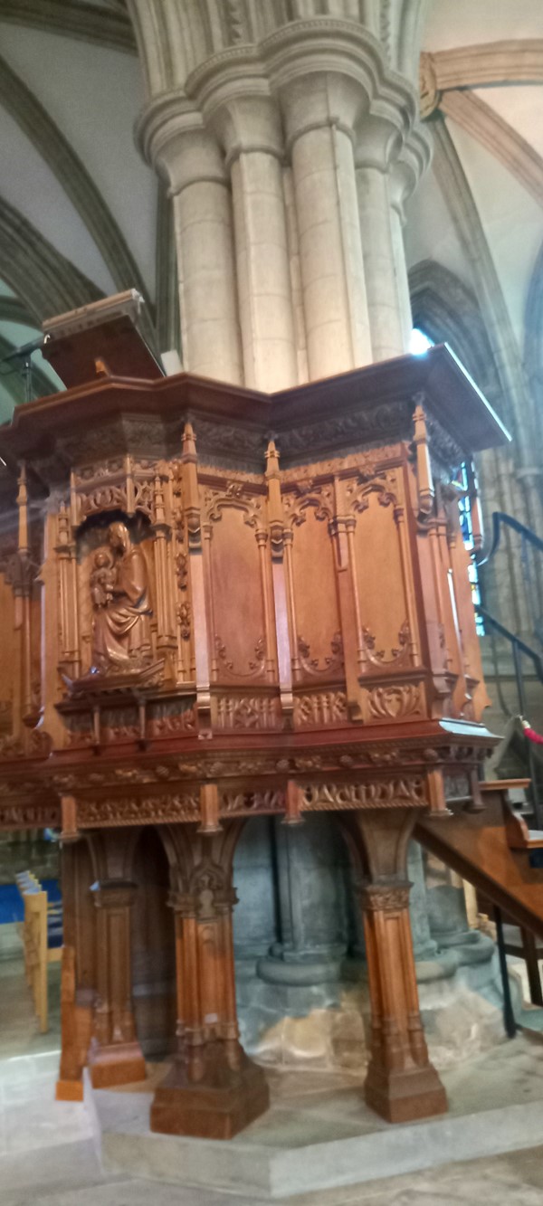 The carved pulpit.