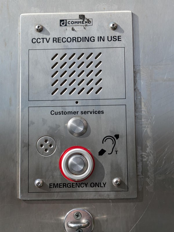 Close up image of the emergency intercom, showing an incorporated induction loop