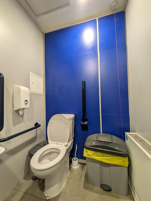 Image of accessible toilet, red cor is behind a bin