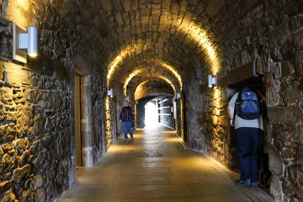 Inside an exhibition area with wide path and reasonably level surface.