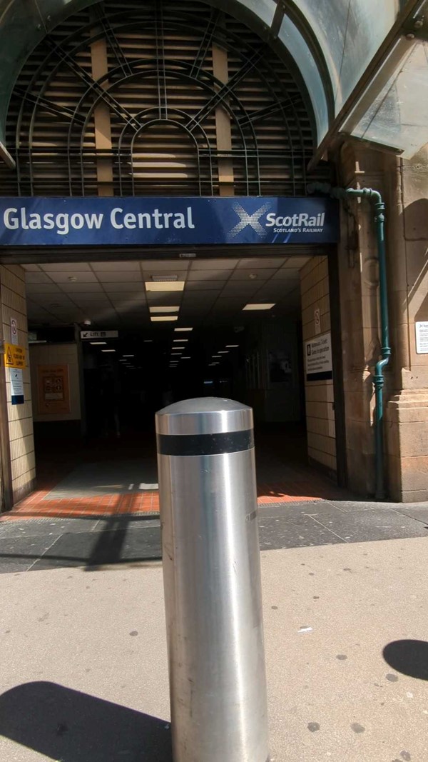 A close-up of a bollard outside the station