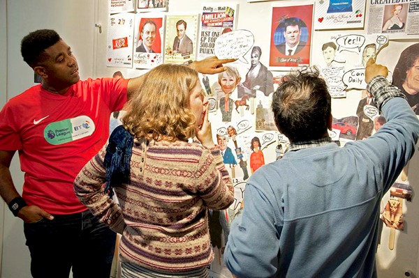 Danny, Sarah and Manzur discuss Manzur's artwork for the 'We Are Artists!' exhibition March 2017