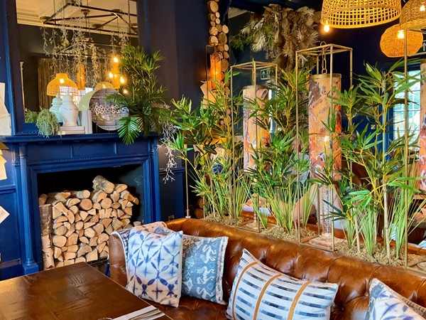 Image of a room with a fireplace and a couch with plants