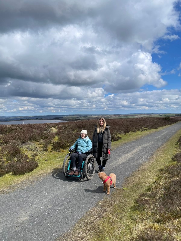 A person in a wheelchair with a dog on a road