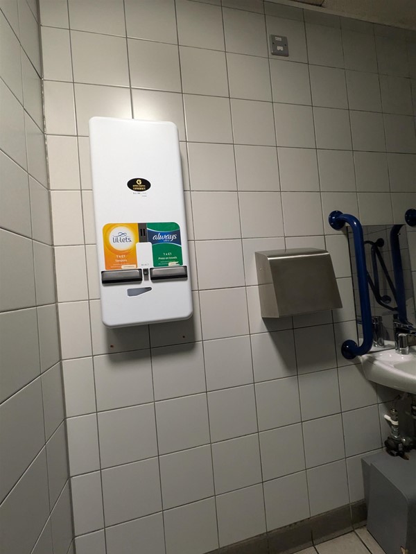 Image of accessible toilet, showing feminine towel dispenser