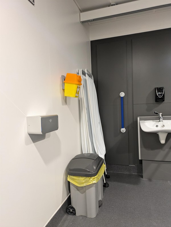 Image of colostomy shelf, sharps bin, hand dryer and adjustable sink with grab rails.