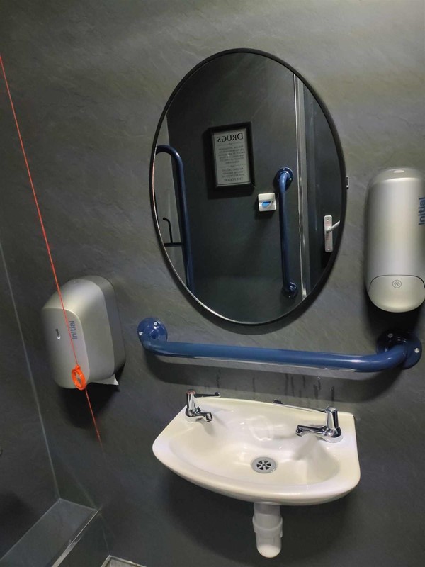 Image of a mirror, a sink and a grab rail