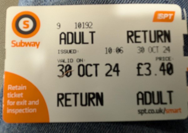 Image of return ticket for the Subway. The ticked is dated 30th October 2024 and shows £3.40 as the price