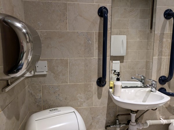 Image of the accessible toilet showing a hand dryer and the sink and mirror, with grab rails on either side.