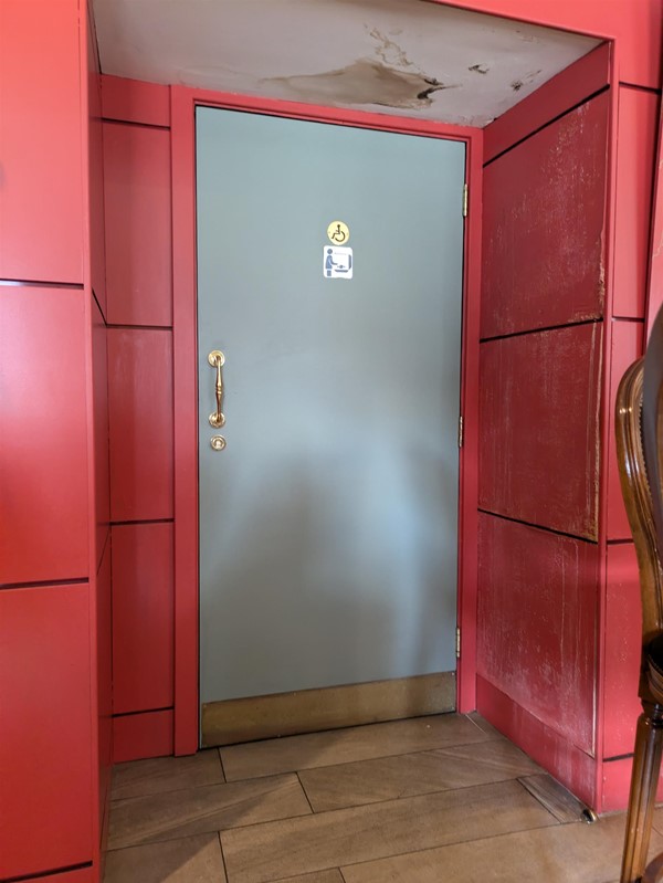 Image of the entrance to the accessible toilet, the grey door has a vertical handle