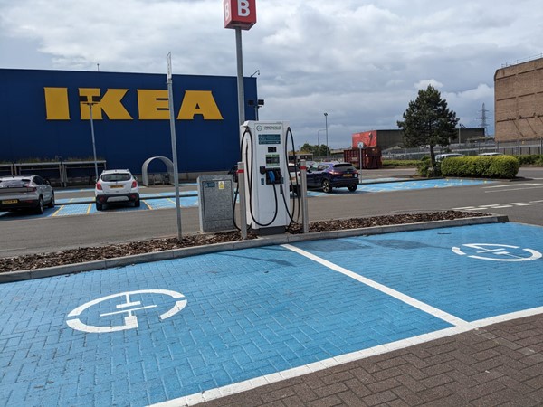 Image of blue parking areas with a blue IKEA sign