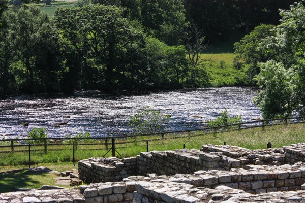 Looking down into the valley and the river, the bath house ruins are at the top of the hill.