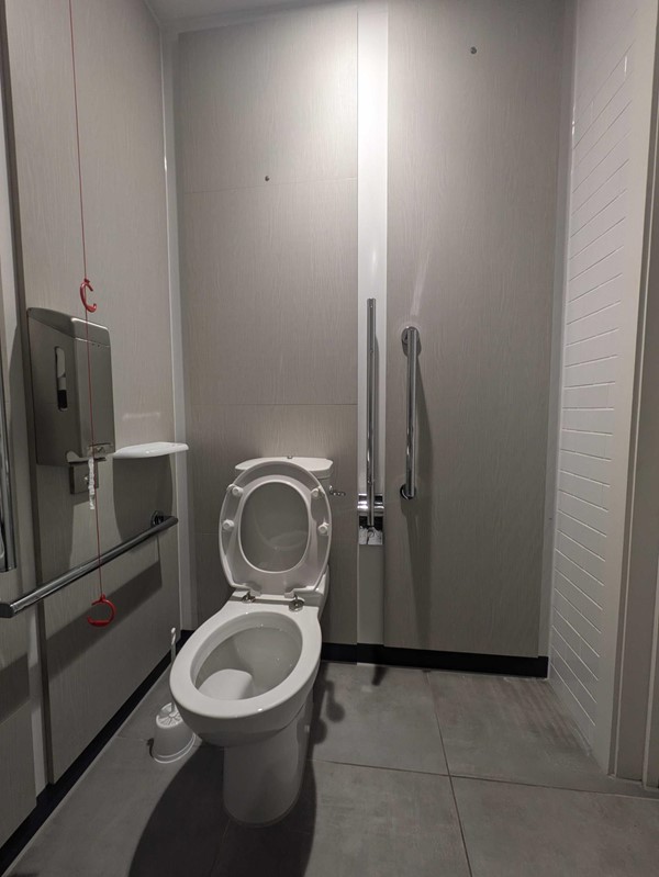 Image of the accessible toilet showing the toilet, grab rails, red cord and paper towel dispenser