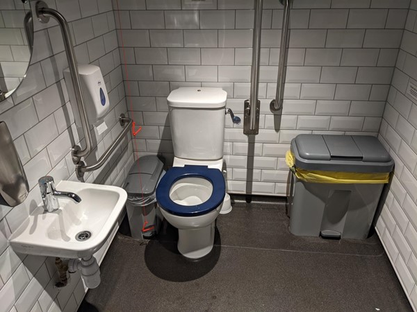 View of the accessible toilet with sink, mirror, soap dispenser, red emergency cord, bin either side of toilet with grab rails too.