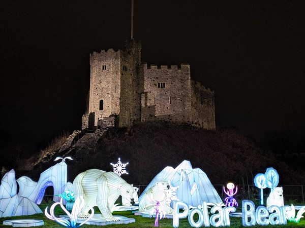 Image of Cardiff Castle at night with festive polar bear decorations