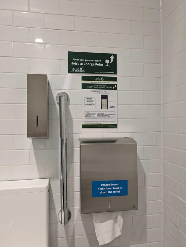 Image of the grabrail to the right of the sink, soap dispenser and hand towel dispenser