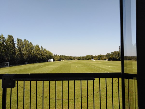 Image of a view of a sports field from a window