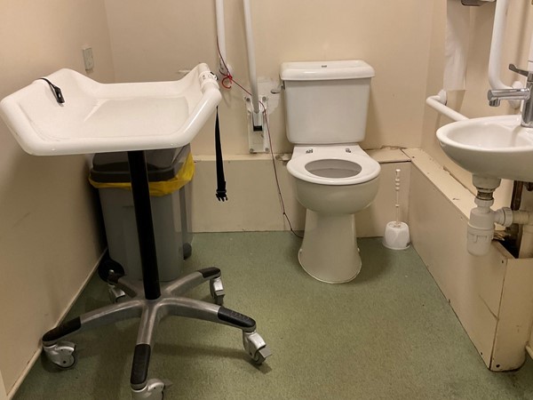 A bathroom with a sink, toilet with grabrails and a changing table