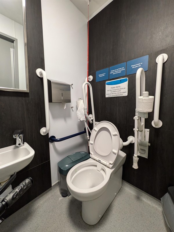 Image of accessible toilet against contrast wall. There are grab rails and a red emergency strap