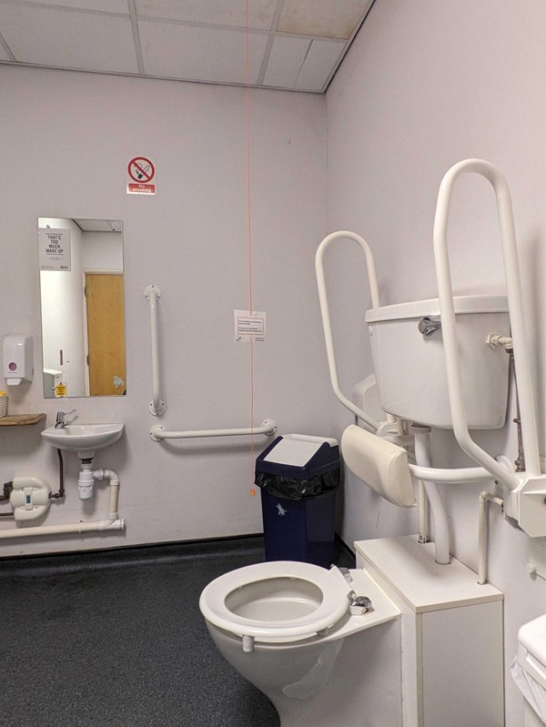 Image of an accessible toilet with grabrails and a red cord card on an emergency cord