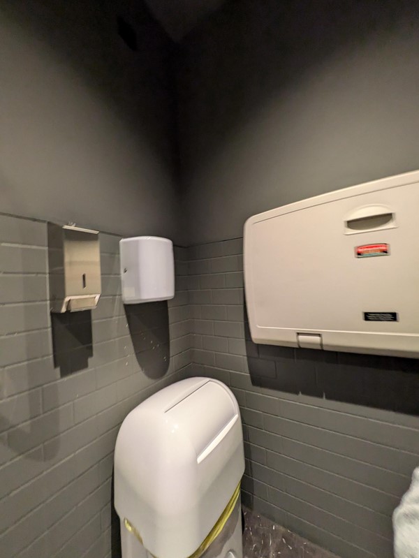 Image of the accessible toilet showing the baby change table, bin and soap dispenser.