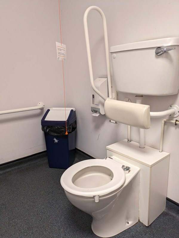 Image of an accessible toilet with grabrails, a red cord card on an emergency cord and a bin.