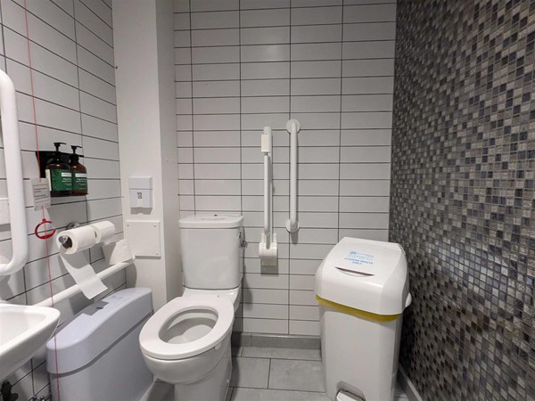 Image of the accessible toilet at the restaurant. The right-side transfer space  blocked by a bin