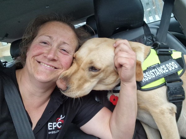 Image of a person with a dog in a car