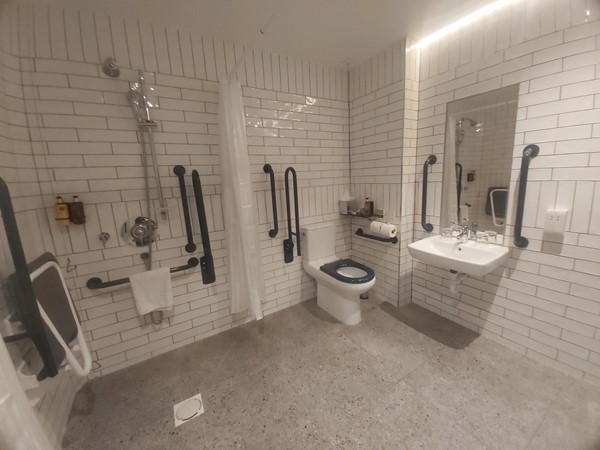 Image of a large bathroom with a toilet, sink and grabrails