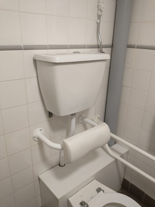 Accessibility toilet showing the flush button in middle of the high cistern making it hard to flush if you are a wheelchair user.