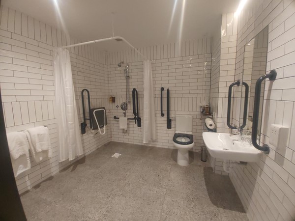 Image of a large bathroom with a toilet, sink and grabrails