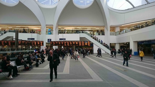 A view of the train time display boards which are well positioned, it would be good to have some low level screens too.