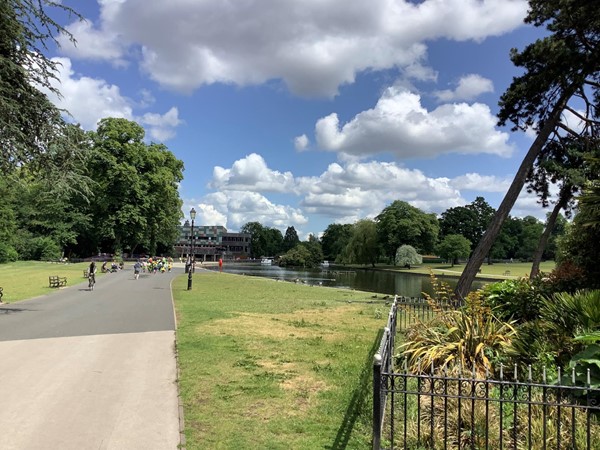 now follow the boating lake and head towards the MAC centre ahead of you.