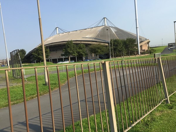 Richard Dunn Sport Centre from the road side (distinctive shape of the building)