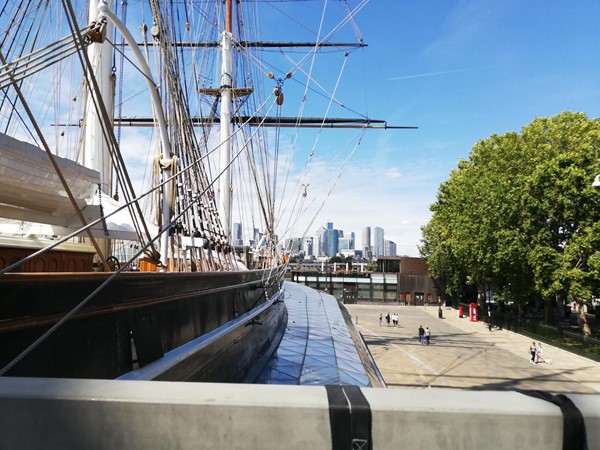 Side of the ship showing the vessels elevated position.