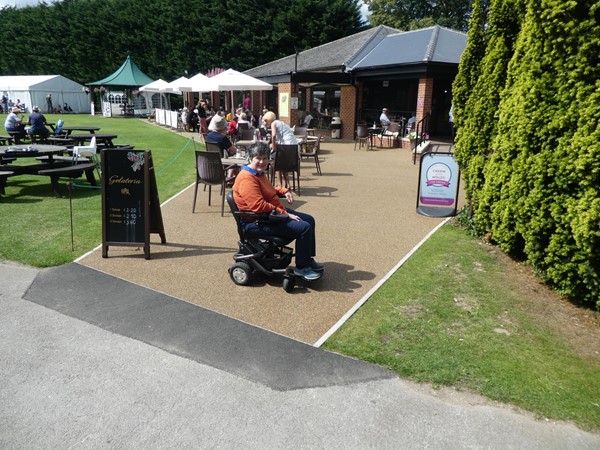 The café has seating outside as well as in.