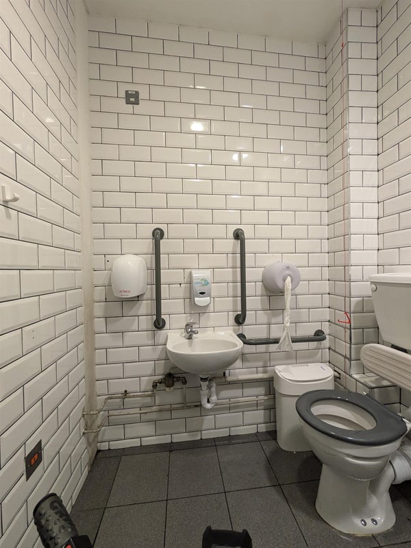 Image of the accessible toilet. Sink and toilet with grab rails on both sides