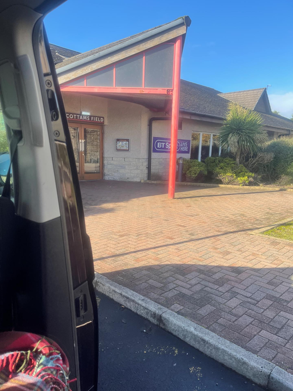 Photo shows the entrance to the cotton field restaurant next door to the hotel. There was a lowered kerb further along the pavement to allow flat entrance onto the pavement. The restaurant entrance has heavy wooden doors which have to be pulled to open so would be difficult for any wheelchair user to open independently.